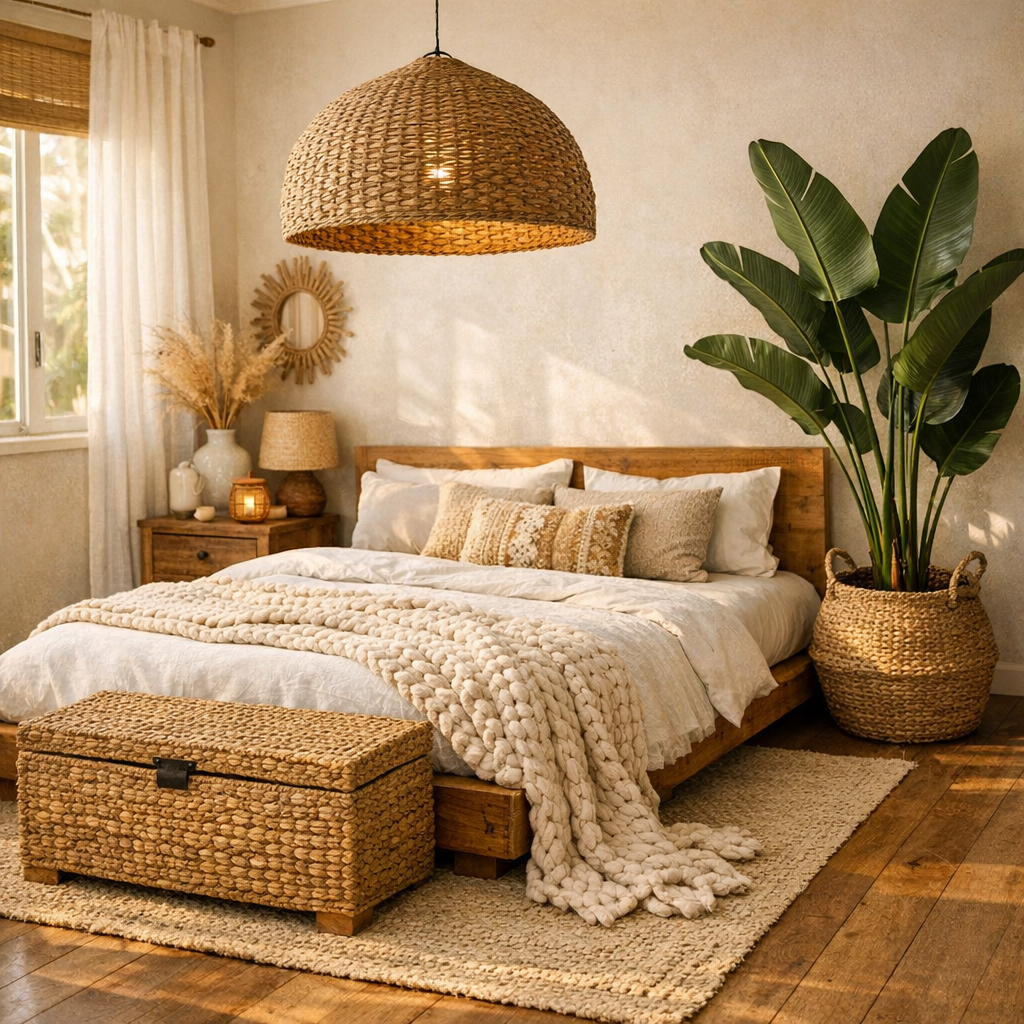 Wide view of boho coastal bedroom ideas featuring natural wood and plants