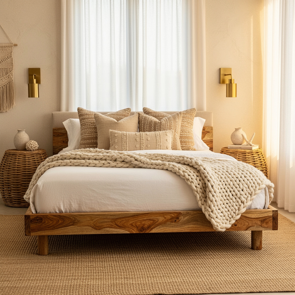 Mango wood platform bed in a boho coastal bedroom setting