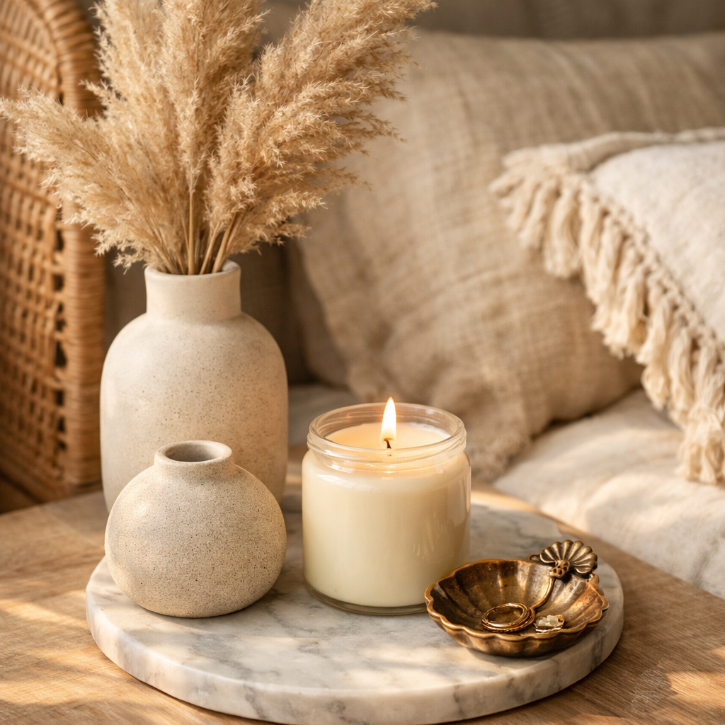 Close up of coastal decor accessories on an ash wood dresser