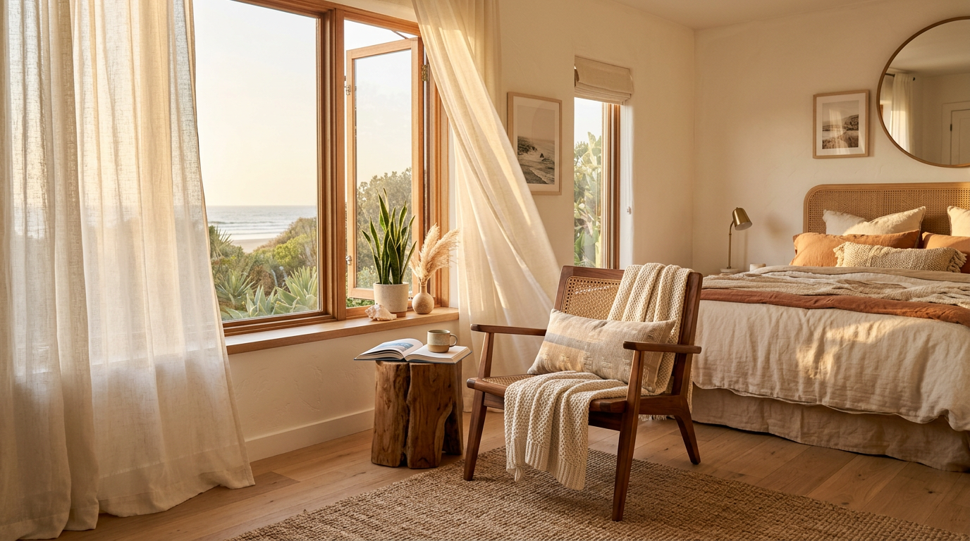 Sunlit reading corner showcasing elegant boho coastal bedroom ideas