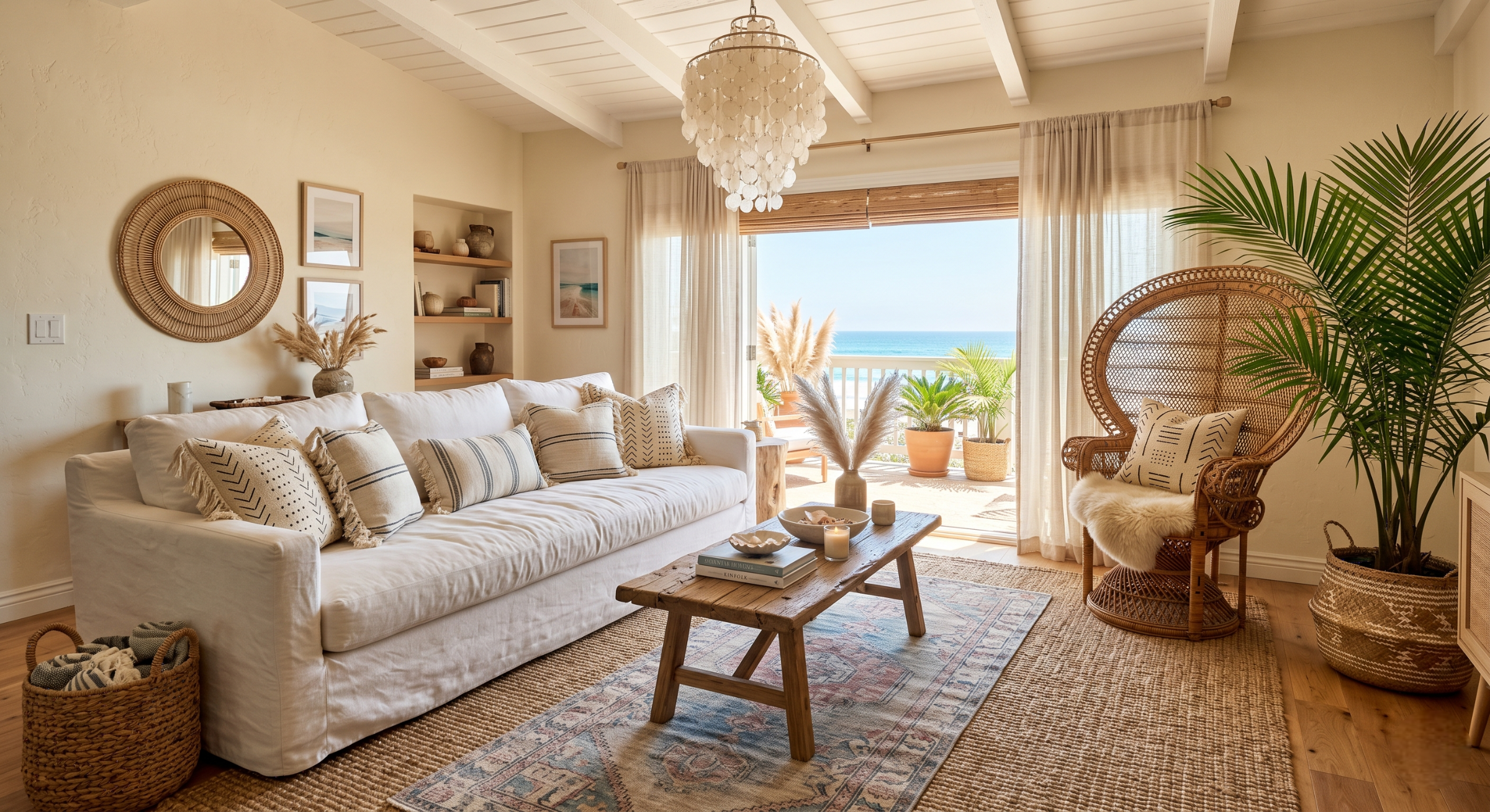 boho coastal living room with white linen sofa and rattan peacock chair