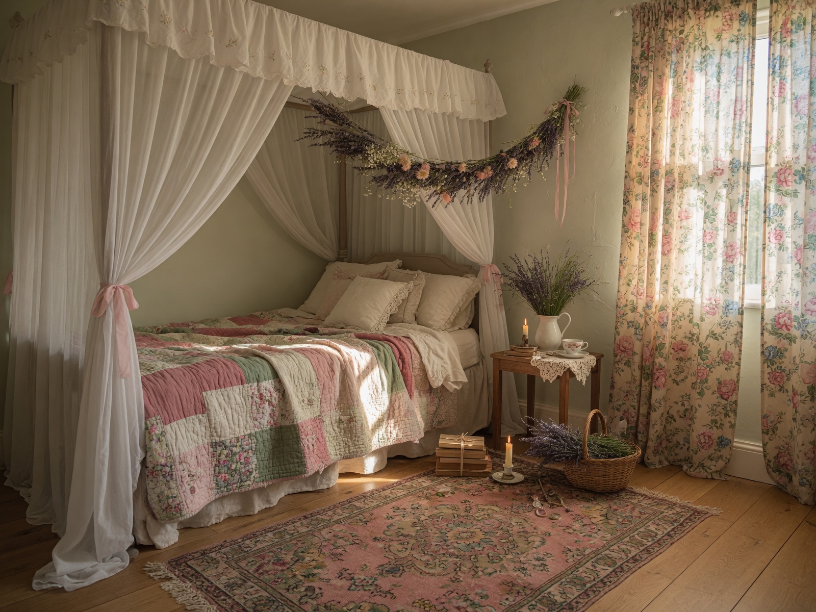 romantic cottagecore bedroom with canopy bed patchwork quilt and dried lavender garland