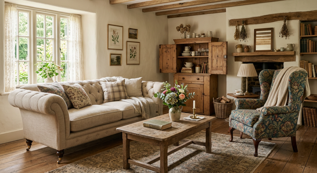 english roll arm sofa and rustic farmhouse coffee table cottagecore living room ideas