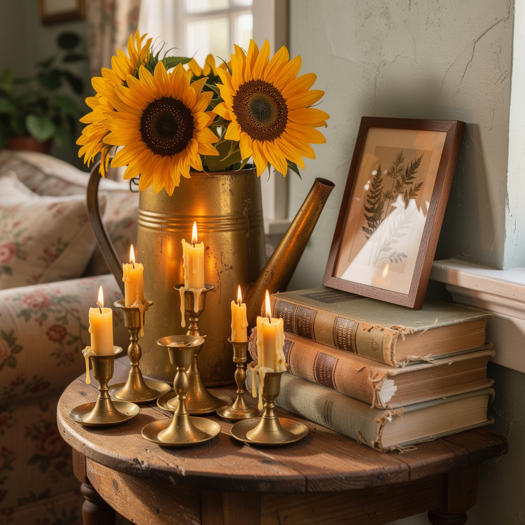 vintage brass candlesticks and botanical prints decorative cottagecore living room ideas