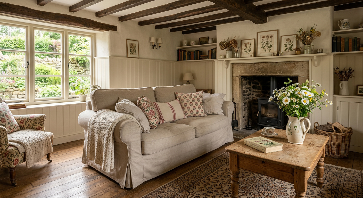 beautiful cottagecore living room ideas with linen sofa and exposed wooden ceiling beams