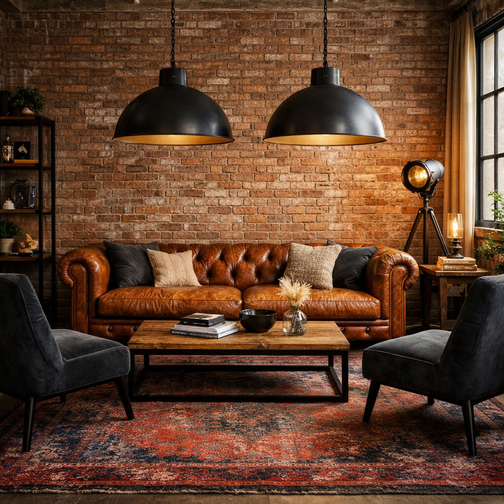 beautiful industrial chic living room ideas featuring exposed brick and leather