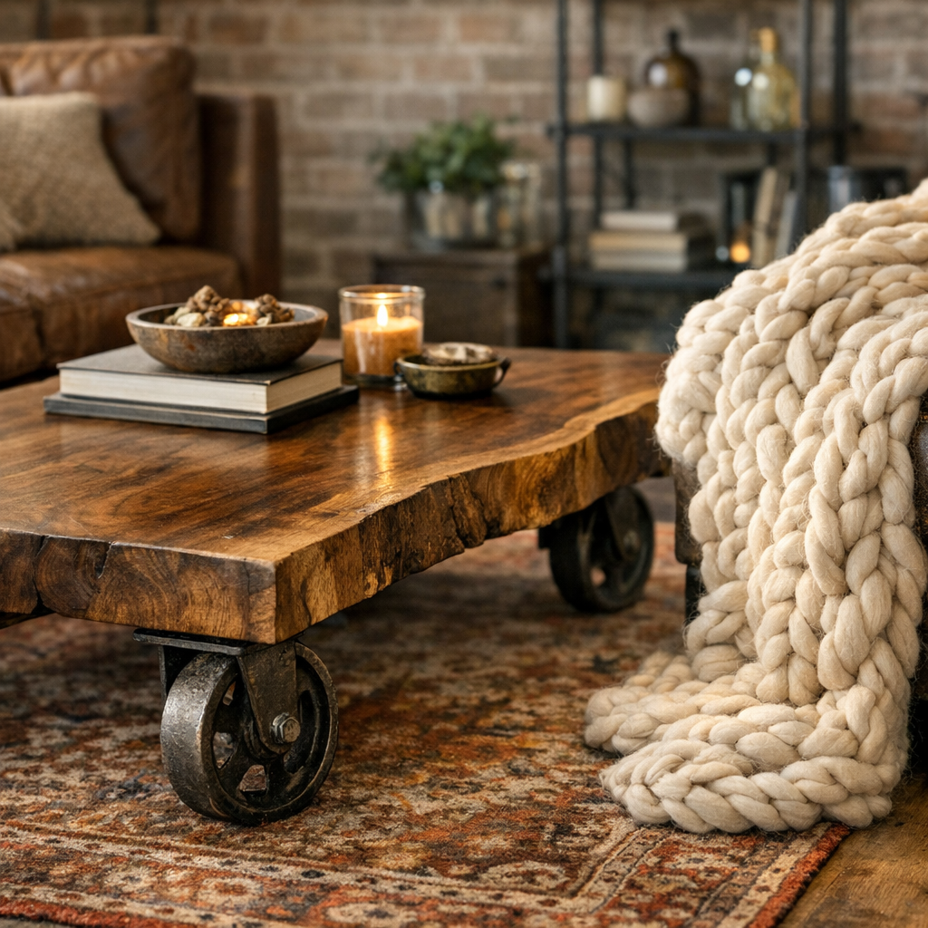 live edge wood coffee table in an industrial chic living room ideas setting