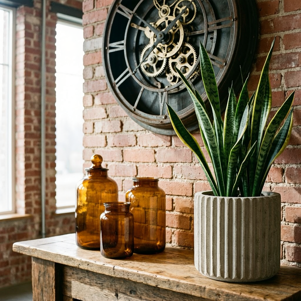 vintage clock and amber jars showcasing industrial chic living room ideas