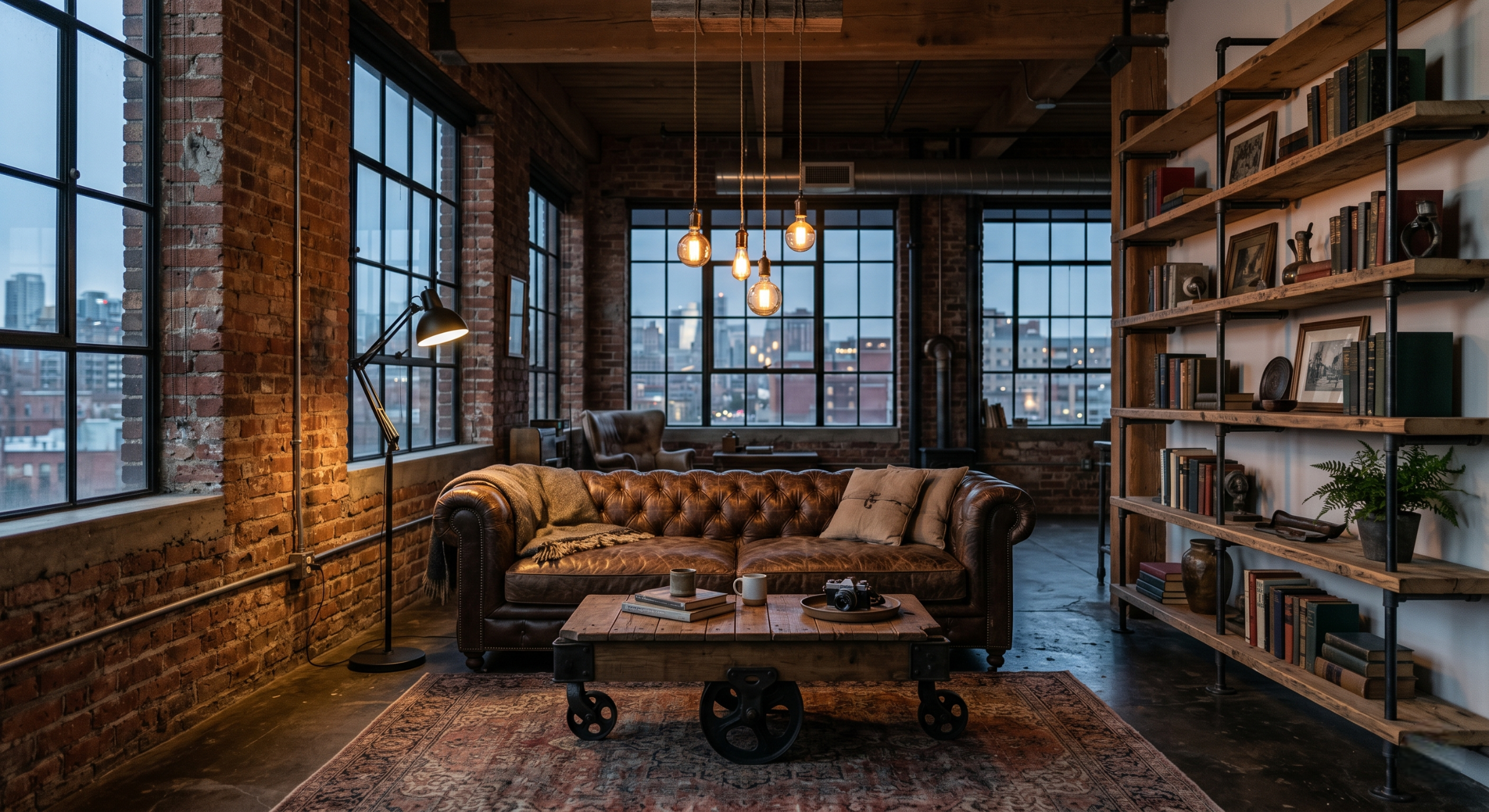 industrial chic living room with exposed brick wall and leather chesterfield sofa