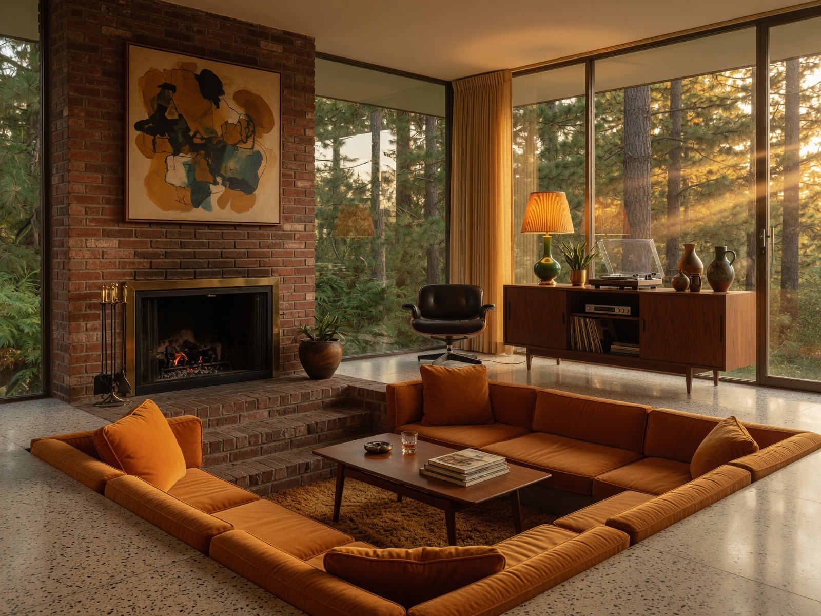magazine style mid-century modern living room ideas with a conversation pit and fireplace