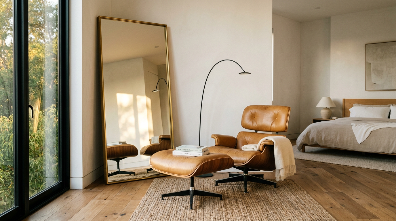 Camel leather lounge chair inspiring the best minimalist bedroom ideas for your retreat.