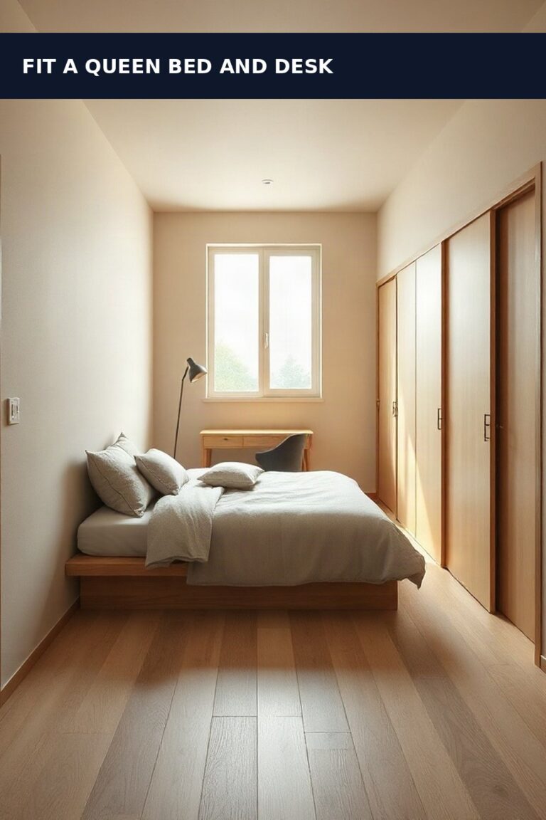 10x14 studio apartment layout: Japandi-style studio apartment with a corner-tucked queen bed and desk near a window
