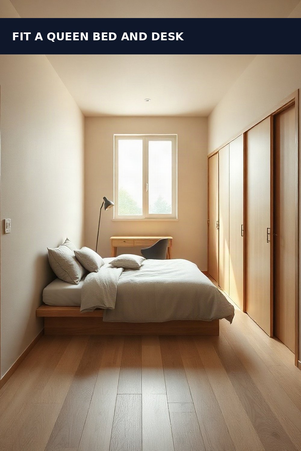 10x14 studio apartment layout: Japandi-style studio apartment with a corner-tucked queen bed and desk near a window