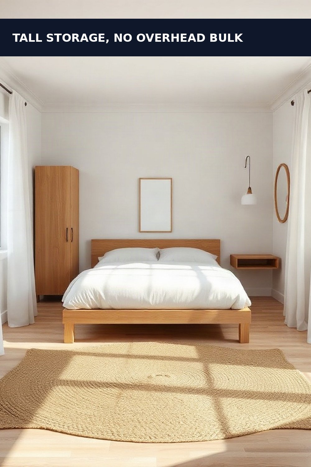 11x11 small primary bedroom layout: small Scandinavian bedroom with queen bed, tall wood chest, and wall-mounted nightstands, no overhead cabinets