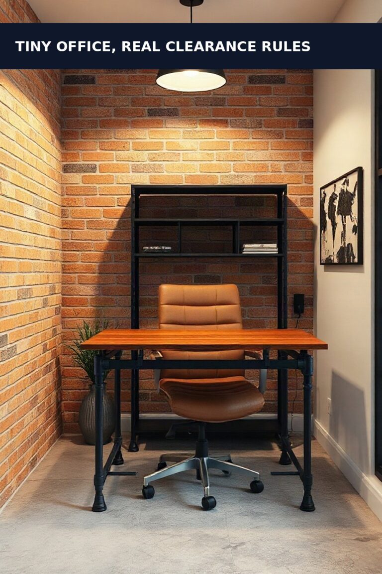 6x8 one-bedroom home office nook layout: small modern industrial home office nook with fold-down desk, black shelving, and exposed brick wall