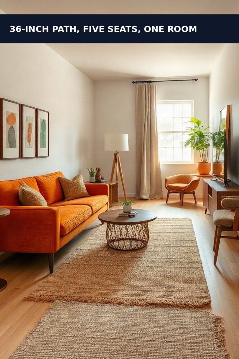 9x18 narrow living room layout: narrow mid-century modern living room with sofa, two chairs, round coffee table, and clear center walkway