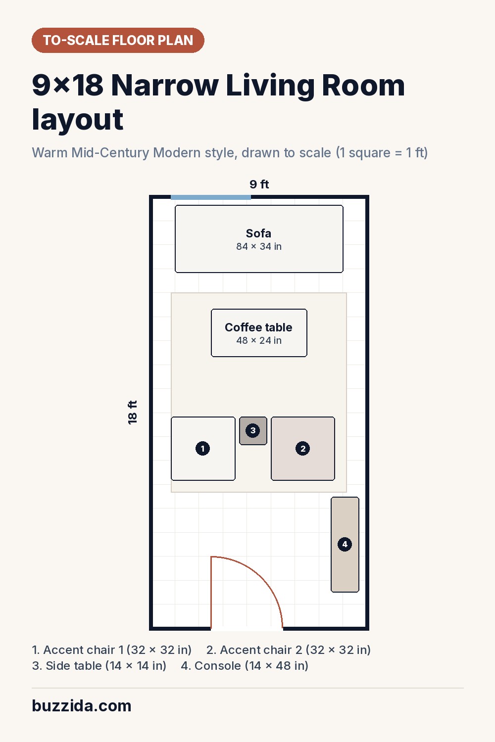 To-scale floor plan of a 9x18 narrow living room showing furniture placement and walkways