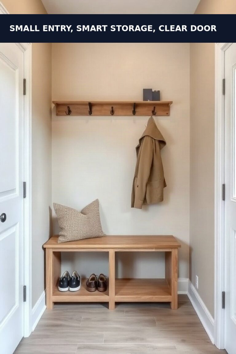 5x6 compact entryway layout: small transitional neutral entryway with a wood bench, shoe cubbies, and wall coat hooks