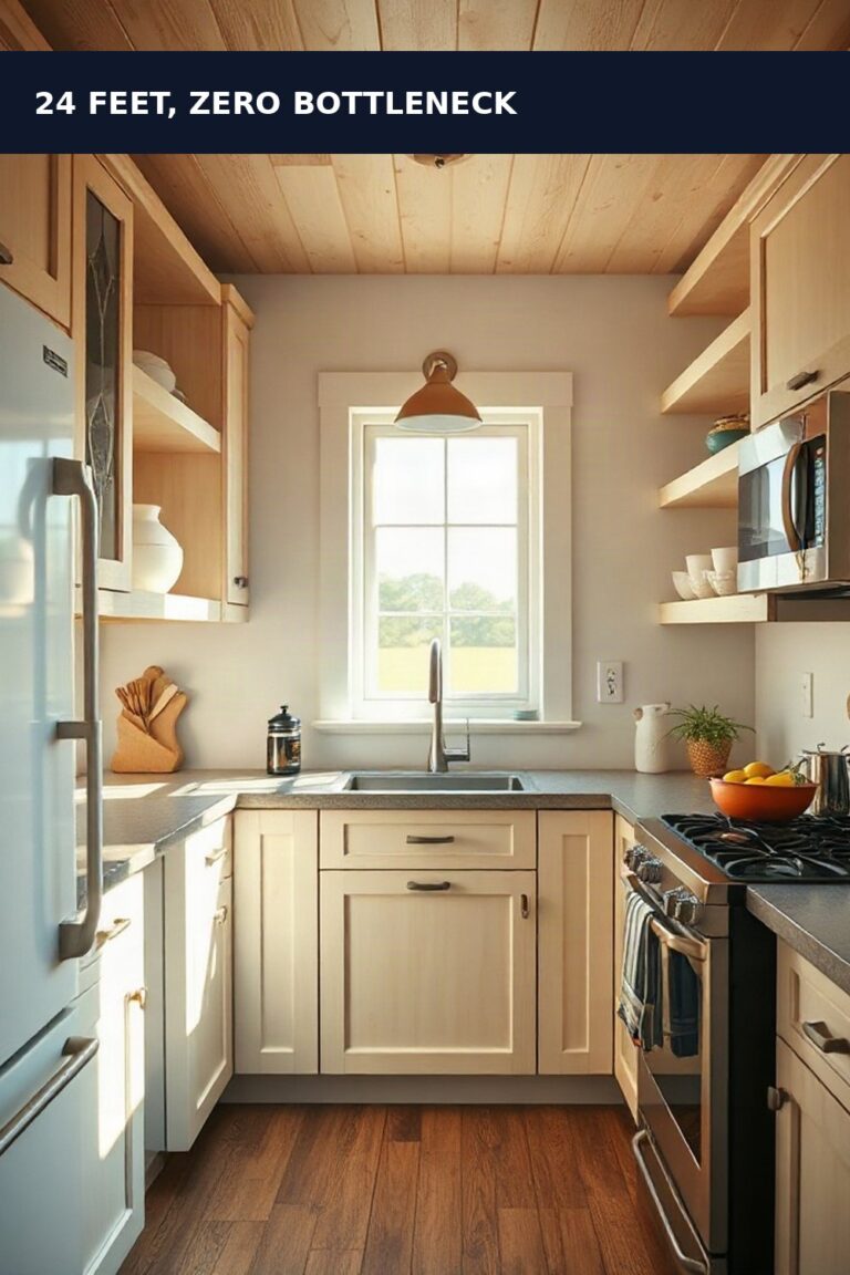 6x8 tiny home kitchen layout: scandinavian farmhouse tiny kitchen with single-wall layout, pale wood cabinets, and full-size appliances