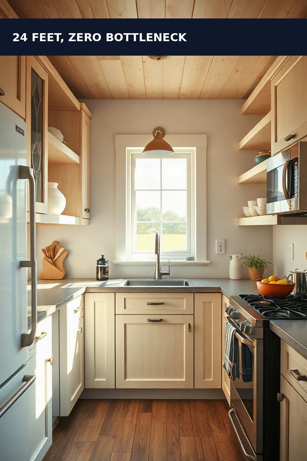 6x8 tiny home kitchen layout: scandinavian farmhouse tiny kitchen with single-wall layout, pale wood cabinets, and full-size appliances